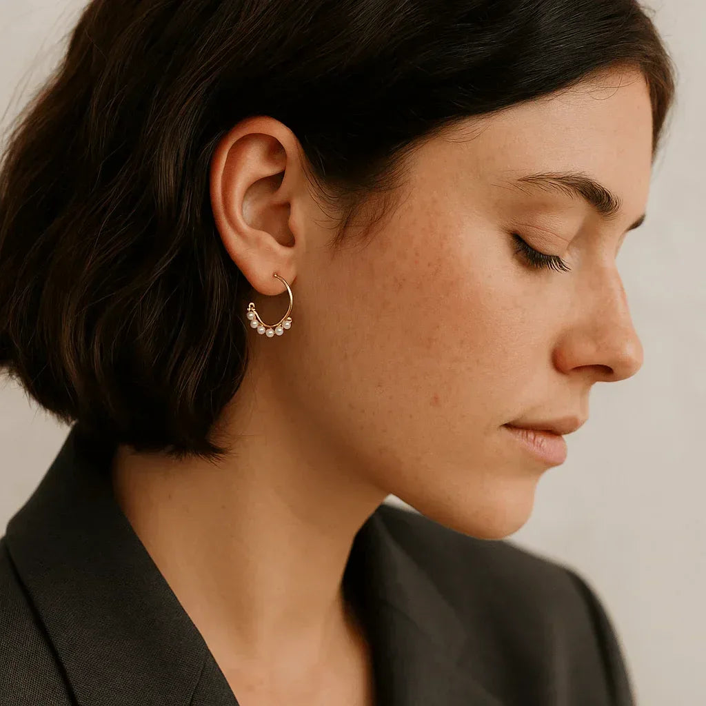 Créoles December portées avec perles de culture, bijou lumineux en or laminé, idée cadeau femme élégante et contemporaine – KoolKado